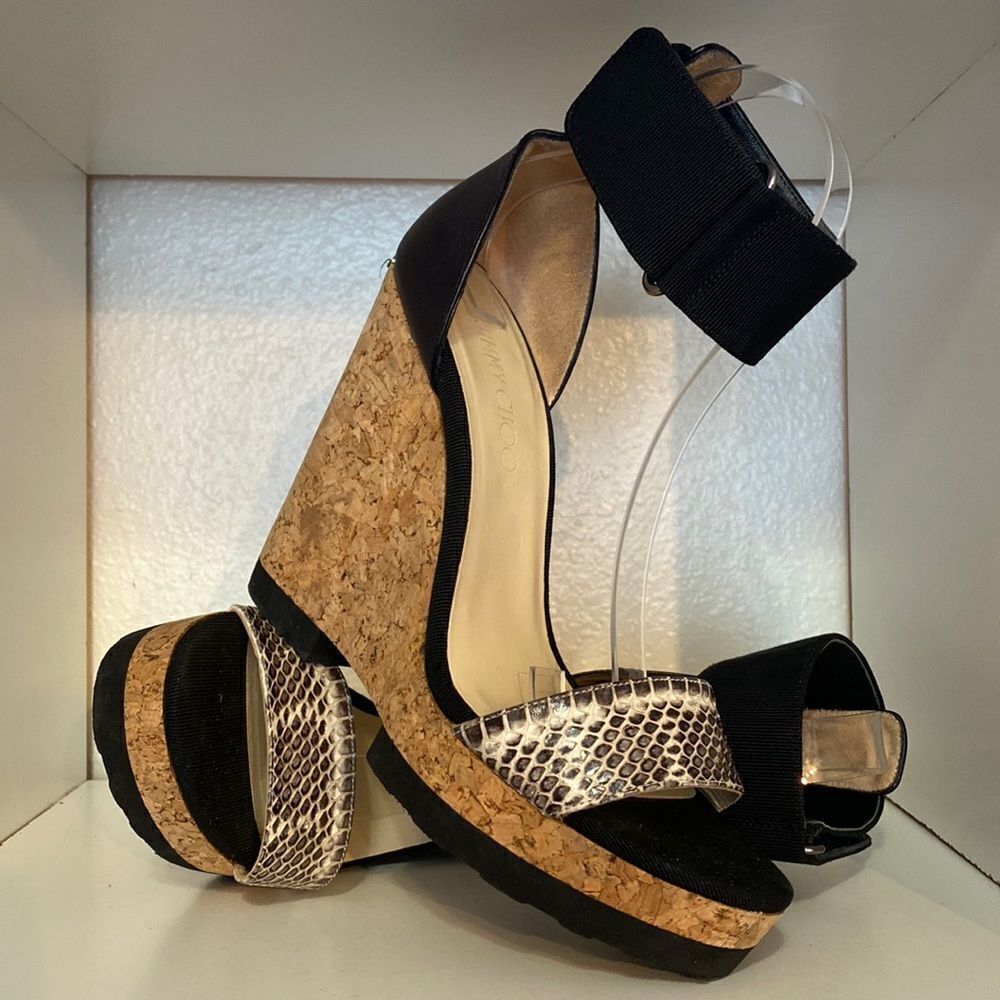 Jimmy Choo Neston Womens Snakeskin Cork Wedge Ankle Strap Sandals